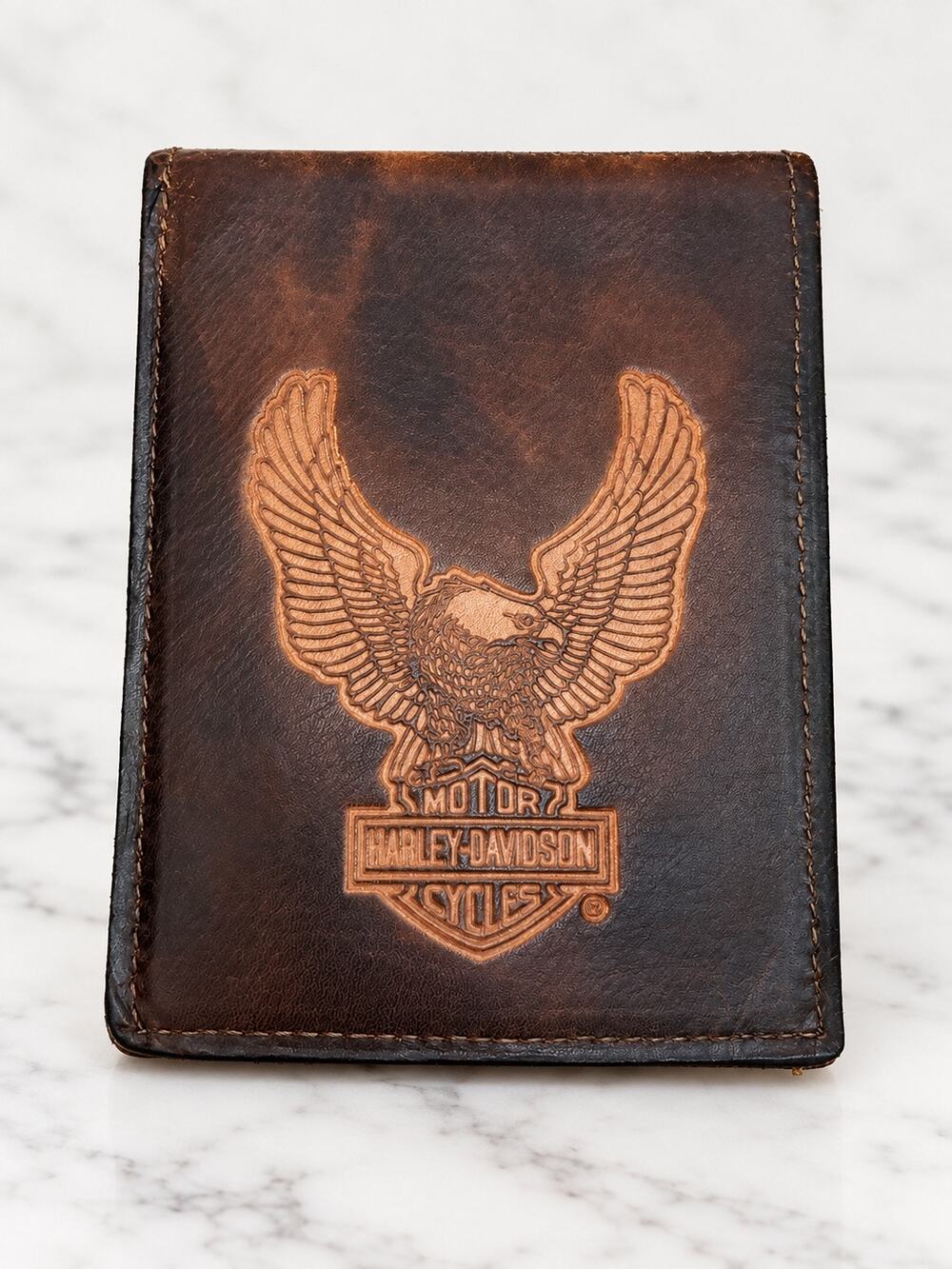 Vintage Harley-Davidson Brown Leather Tall Bifold Wallet Eagle Logo 6 card slot